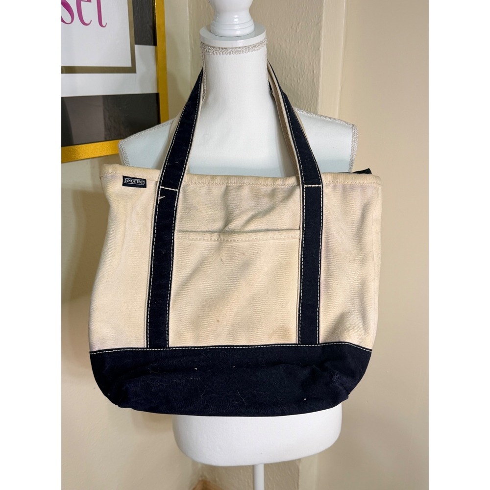 Lands End Canvas Zip Top Tote Bag Navy Blue Cream Large Utility Beach Bag